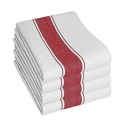 Lightwind Kitchen Towels 4 Pack,20 x 28 Inches Cotton Dish Towels,Tea Towels and Bar Towels(White with Red)