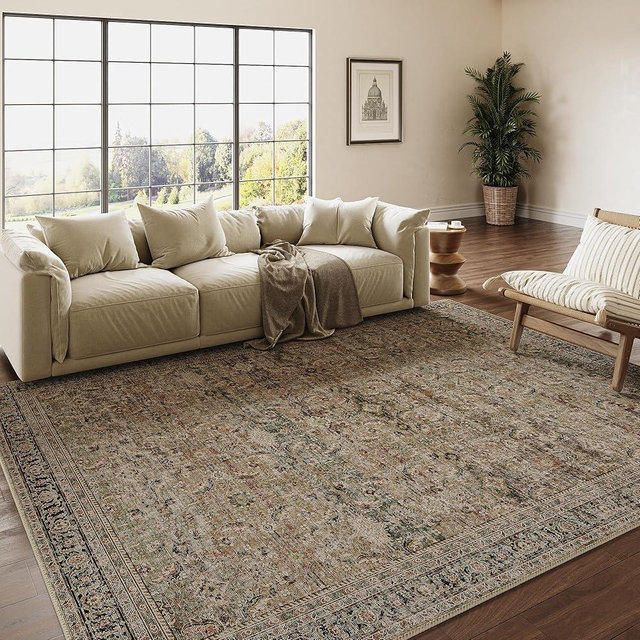 WondRg 5x7 Washable Area Rug Brown Vintage Distressed Living Room Bedroom Throw Rug Non Slip Low Pile Soft Accent Indoor Floor Carpet for Dining Room Office Entryway Kitchen Home Decor