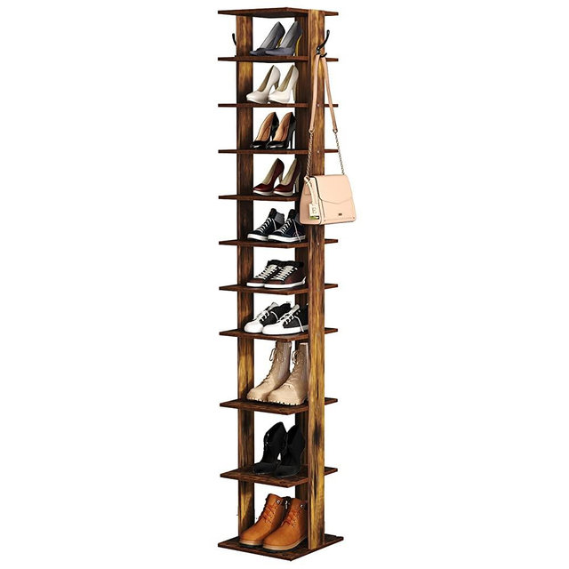 HOMEFORT 10-Tier Vertical Shoe Rack, Corner Shoe Tower, Slim Shoe Organizer with Two Hanging Hooks, Wooden Shoe Storage Stand for Entryway, Hallway, Closet (Rustic Brown)