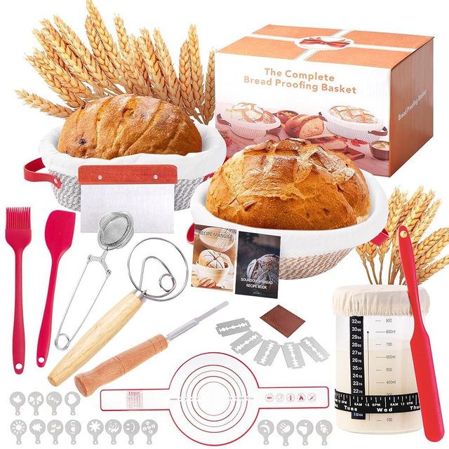Sourdough Starter Kit, 9" Round and 10" Oval Banneton Bread Baking Supplies, Bread Making Tools Kit, Sourdough Proofing Basket, Sourdough Kit Gifts for Bakers Women Wife Mom