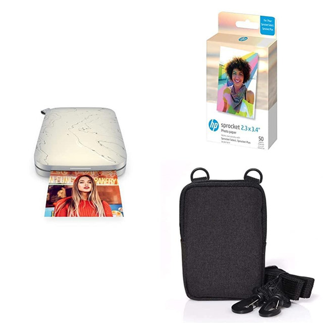 HP Sprocket Select Portable 2.3x3.4 Instant Photo Printer with Premium Instant Zink Sticky Back Photo Paper & Zink Soft Camera Case