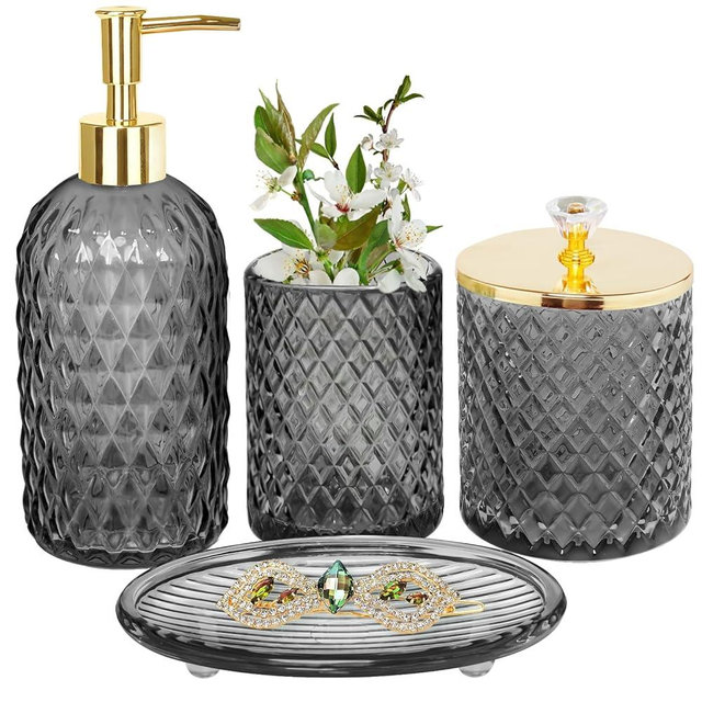 Haturi Gray Glass Bathroom Accessories Set, 4-Piece - Lotion Soap Dispenser, Toothbrush Holder, Cotton Swab Jar & Soap Dish – Elegant Gold Accent for Countertop & Housewarming Gift