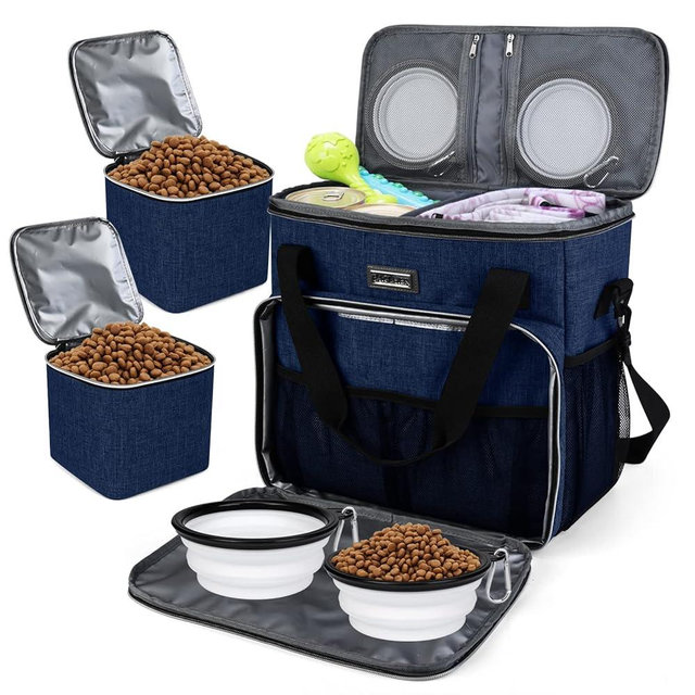 BAGLHER Dog Travel Bag, Pet Travel Bag（All Pet Travel Supplies）, with 2 Pet Food Containers and 3 Collapsible Silicone Bowls; Essential Kits for Pet Travel Dark Blue