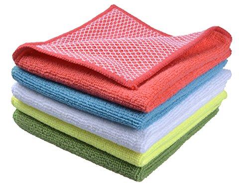 Sinland 5 color Assorted Microfiber Dish Cloth Best Kitchen Cloths Cleaning Cloths With Poly Scour Side 12"x12" 5 Pack (Pink+blue+white+yellow+green)