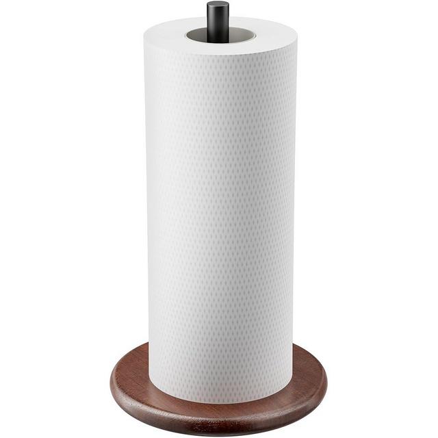 Jasopaco Paper Towel Holder with Wooden Base, Kitchen Countertop Paper Towel Stand, Brown Wood Base with Black Stainless Steel Post, Farmhouse Roll Dispenser.