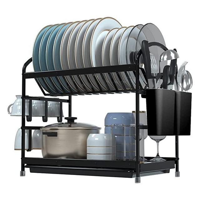 Aluminum Dish Drying Rack, Visentor 2 Tier Dishes Racks Kitchen Organizer with Drain Board, Utensil Holder, Cup Holders, Rust-Proof Dish Drainer Rack for Kictchen Countertop - Black