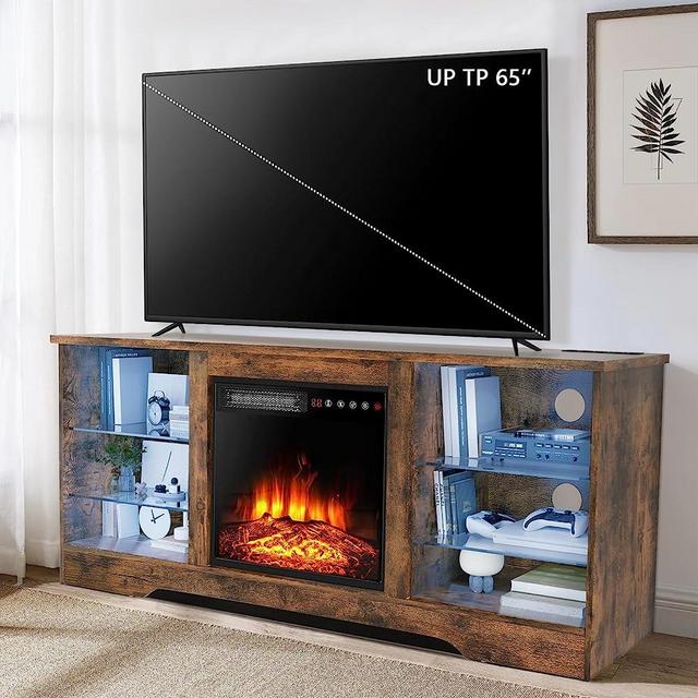 LEMBERI 58 Inches Fireplace TV Stand for TVs up to 65 Inches Console with 18'' Electric Fireplace ＆ Remote, Wooden Modern Entertainment Center for Living Room with LED Light Glass Shelves (Brown)