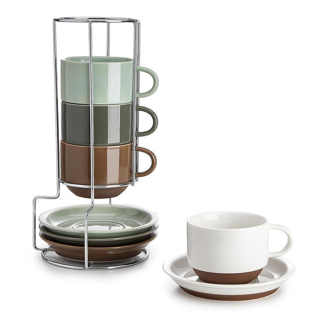 Sweese 8 Ounce Cappuccino Cups Set of 4, Porcelain Stackable Coffee Cups with Saucers and Metal Stand, Multicolor