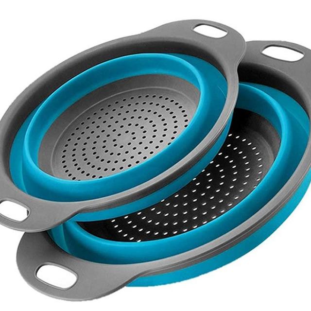 Atashojoe Collapsible Colander Set of 2 - Home Kitchen Silicone Food Grade Strainers with Plastic Handle - Flexible Heat Resistant Space Saver Dishwasher Safe Drainer for Fruits, Vegetables (Blue)