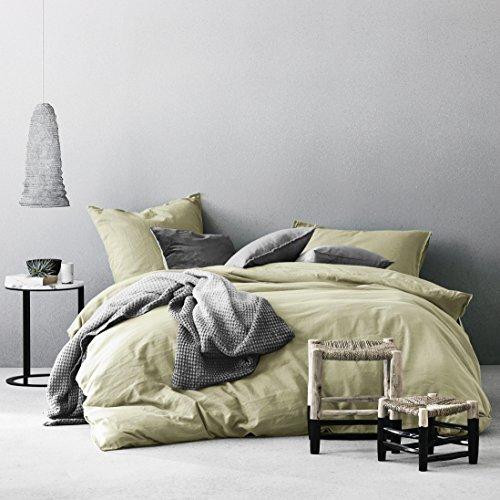 Eikei Washed Cotton Chambray Duvet Cover Solid Color Casual Modern Style Bedding Set Relaxed Soft Feel Natural Wrinkled Look (King, Lime Olive)