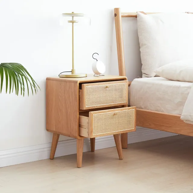 GDFStudio Nydia Solid Oak Wood and Rattan 21.26"H Nightstand with Two Drawers, Natural