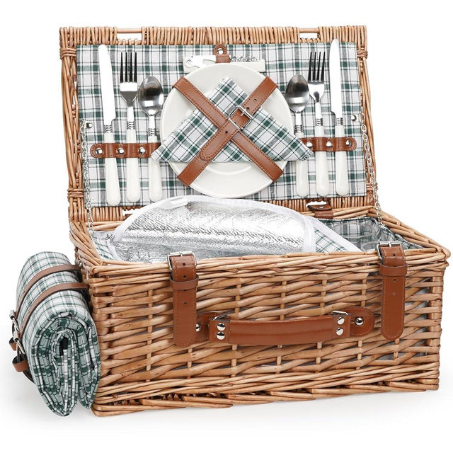 Wicker Picnic Basket Set for 2 Persons with Waterproof Picnic Blanket and Large Insulated Cooler Compartment, Willow Picnic Hamper Basket with Cutlery Service Kits for Camping, Wedding (Red)