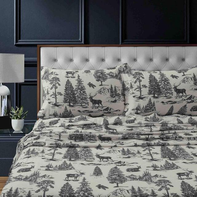 Queen Printed Pattern Extra Deep Pocket Heavyweight Flannel Sheet Set Charcoal Mountain - Tribeca Living