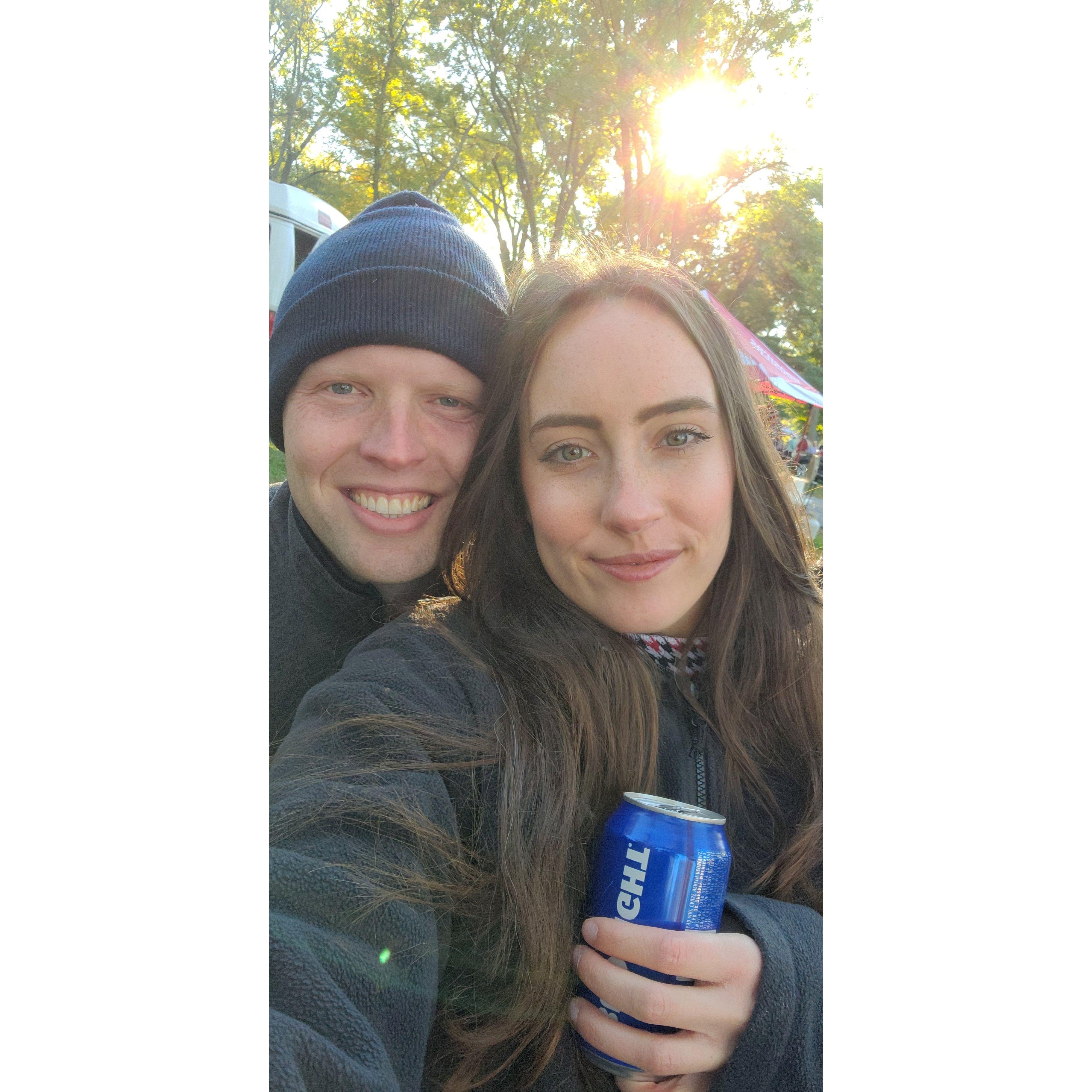 Riley and Anna embrace the cold at the IU Homecoming tailgate in October of 2022.