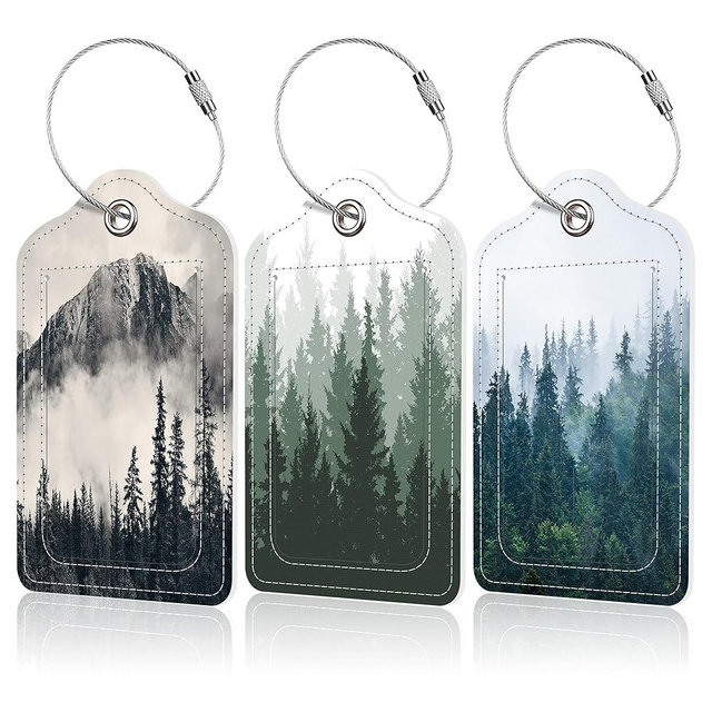 EOBKLAX 3 Pack Misty Forest Luggage Tag for Suitcases Foggy Mountains and Forest PU Leather Bag Travel Suitcase ID Identifier Baggage Tags for Women Men Travel