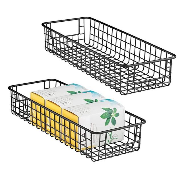 mDesign Metal Wire Food Storage Shallow Basket Organizer with Handles for Organizing Kitchen Cabinets, Pantry Shelf, Bathroom, Laundry Room, Closets, Garage - Concerto Collection - 2 Pack - Black