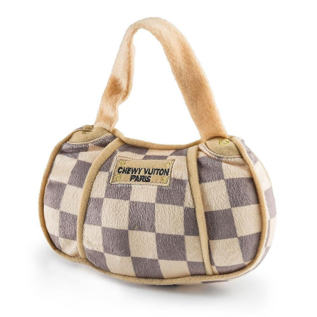 Haute Diggity Dog Chewy Vuiton Handbag Plush Squeaky Dog Toy, Soft Durable Designer-Inspired Stuffed Puppy Chew Toys for Small & Medium Dogs, Machine-Washable (Tan Checker) Large