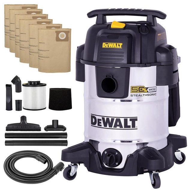DEWALT 10 Gal Stealthsonic Shop Vacuum Wet and Dry, 5HP Heavy-Duty Stainless Steel Shop Vac, Ultra-Quiet with Complete Accessory Kit & 6 Bonus Dust Bags - Ideal for Job Sites, Workshops & Garages