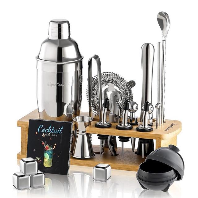 HomeCurated Cocktail Shaker Set, 24-Piece Bar Bartender Kit with Stand, Martini Shaker, Jigger, Strainer,Mixer Spoon,Muddler,Liquor Pourers,Tongs,Opener,LCE Ball Mold&LCE Cubes,Bottle Stoppers|Silver