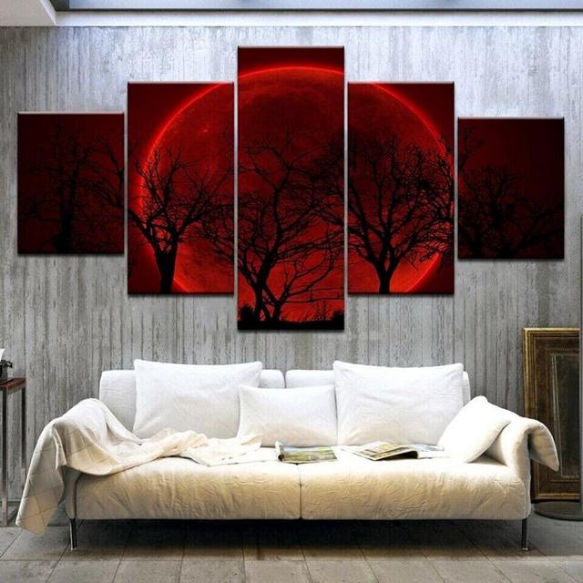 JINHI Christmas Art Decor 5 Pieces Canvas Wall Art Red Full Moon Leafless Trees Canvas Art Poster Black and White Picture Prints Modern Home Office Wall Decoration Ready to Hang, Three Sizes