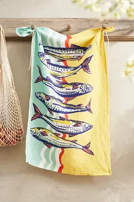 Sardines Linen Dish Towel, Yellow