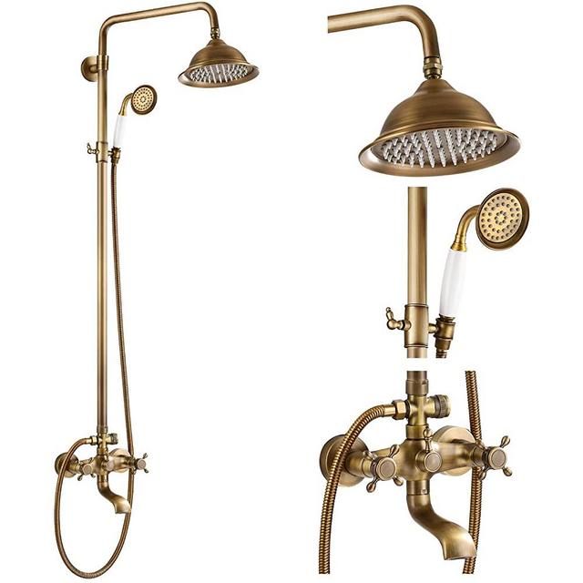 Antique Brass Shower System 8 Inch Rainfall Shower Head with Tub Spout and Handheld Spray Double Cross Handle Bathroom Shower Faucet Wall Mount