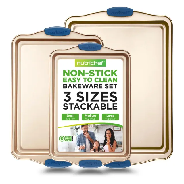 NutriChef Kitchen 3-Piece Nonstick Bakeware Set - PFOA, PFOS, PTFE-Free Carbon Steel Baking Trays w/ Heatsafe Blue Silicone Handles