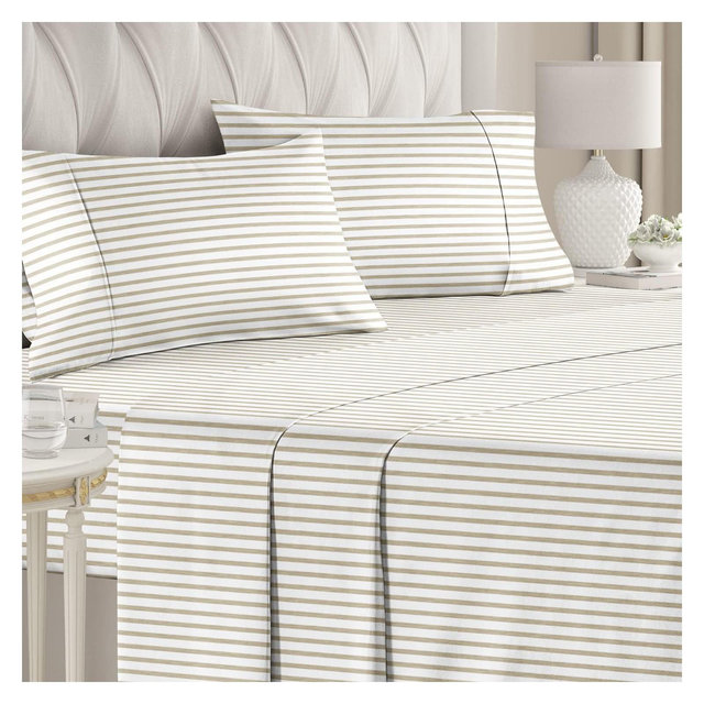 CGK Linens 4 Piece Microfiber Sheet Set in Beige Stripes, Size Queen