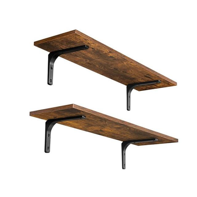 DINZI LVJ Long Wall Shelves, 23.6 Inch Wall Mounted Shelves Set of 2, Easy-to-Install, Wall Storage Ledges with Sturdy Metal Brackets for Living Room, Bathroom, Bedroom, Kitchen, Rustic Brown