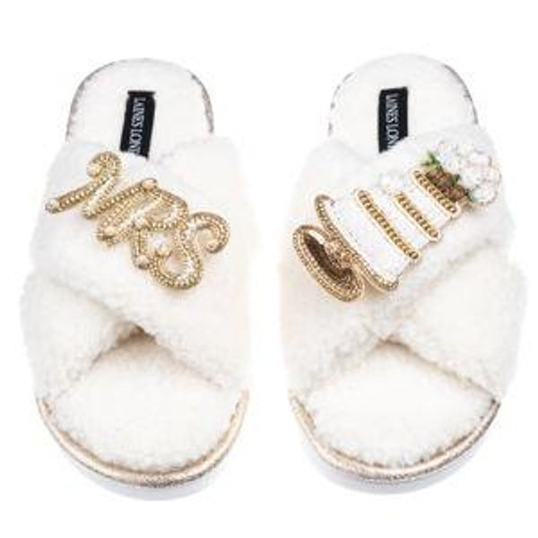 Laines Neutral Boucle Slippers With Wedding Cake & Mrs Brooches - Cream (Size M)