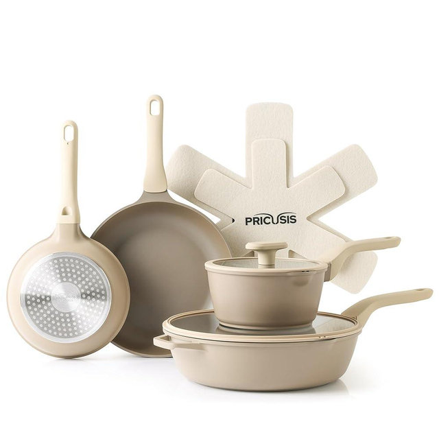 PRICUSIS Nonstick Pots and Pans Set, 9 Pieces Non Toxic Cookware, Nonstick Pan Skillet, Healthy Frying Pan, PFOA Free, Induction Compatible, Natural Linen