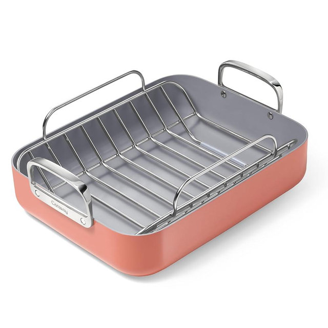 Caraway Roasting Pan - 16x13” Roasting Pan with Rack - Non-Stick Ceramic Coated - Non Toxic, PTFE & PFOA Free - Oven Safe & Compatible with All Stovetops - Perracotta