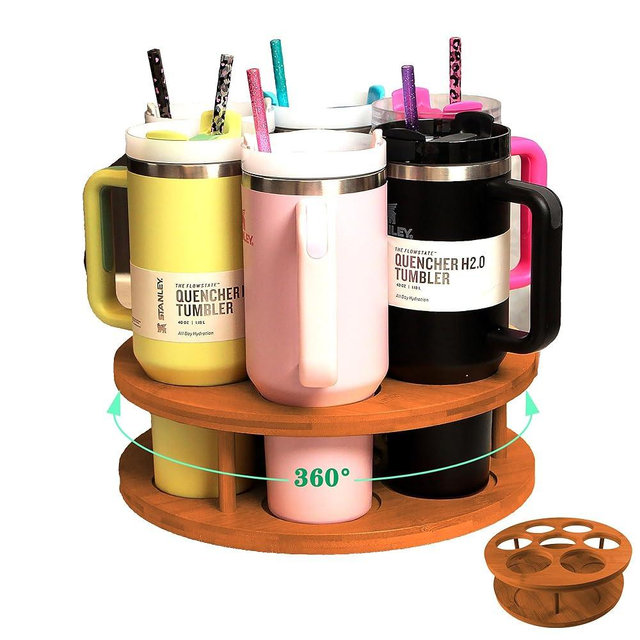 Ami.Todfo 7-Slot Rotating Water Bottle Organizer for Stanley 40 oz Tumbler, Bamboo Cup Holder Rack for Owala, Yeti, Thermos 360 Spinning Storage for Kitchen Counter & Cabinet, Dark Brown