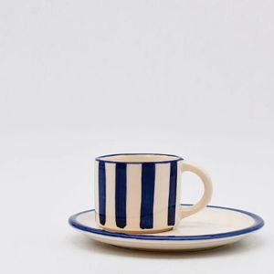 Portuguese Ceramic Stripped Cup and Saucer - Blue