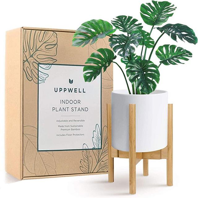 UppWell Indoor Plant Stand, Adjustable 8 to 12 inch Wood Plant Stand, Stylish Plant Stands for Indoor Plants, Mid Century Modern and Boho Decor, Sustainable Bamboo Plant Stand