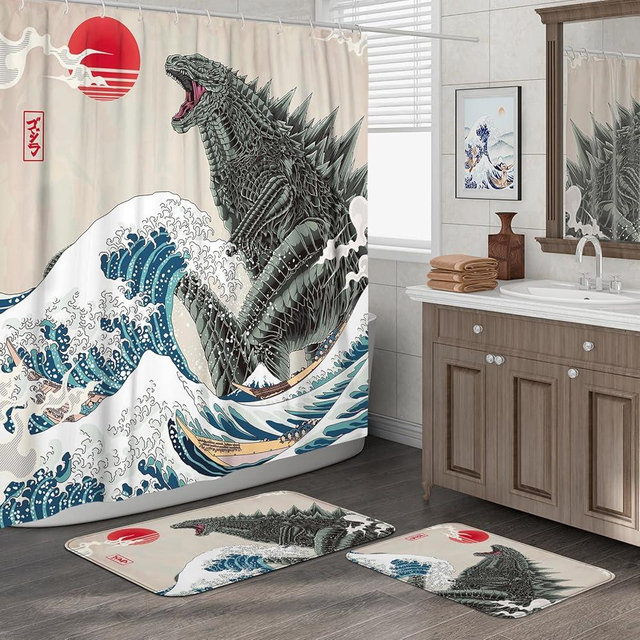 DESIHOM 3Pcs Funny Bathroom Sets with Shower Curtain and Rugs, 72'' Shower Curtain and Two Non-Slip Washable Bath Mats (15.7''x23.6''&19.7''x31.5''), Anime Monster Bathroom Decor