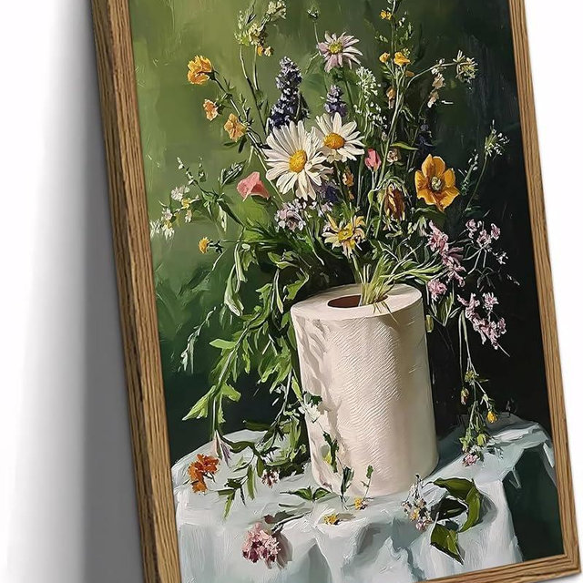 Framed Funny Bathroom Wall Art, Toilet Paper Painting Print, Vintage Moody Floral Canvas Wall Decor, Bathroom Decor, Wooden Frame Ready To Hang, 10 x 8 In
