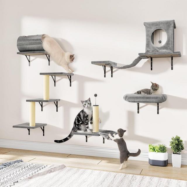 NUNU LAB 7-in-1 Wall Mounted Cat Climber Set, Cat Furniture Set with House, Bridge, Tree, Steps, Scratcher, DIY Playground, Shelves for Indoor Wall Furniture Set - Gray