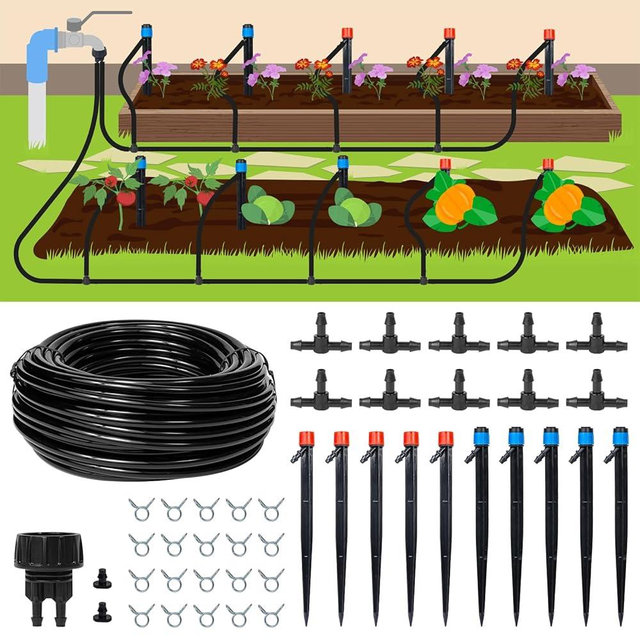 Maotong 55ft Drip Irrigation System Kit, Garden Watering System DIY Automatic Irrigation Equipment Set for Lawn Raised Bed Greenhouse Plant Watering with 1/4'' Tubing, Drip Emitters, Connectors