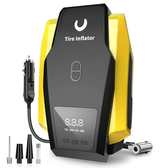Tire Inflator Portable Air Compressor - Air Pump for Car Tires - 12V DC Compact Tire Pump with Auto Shutoff Function - Multipurpose Car Accessory with LED Light, Yellow, Large