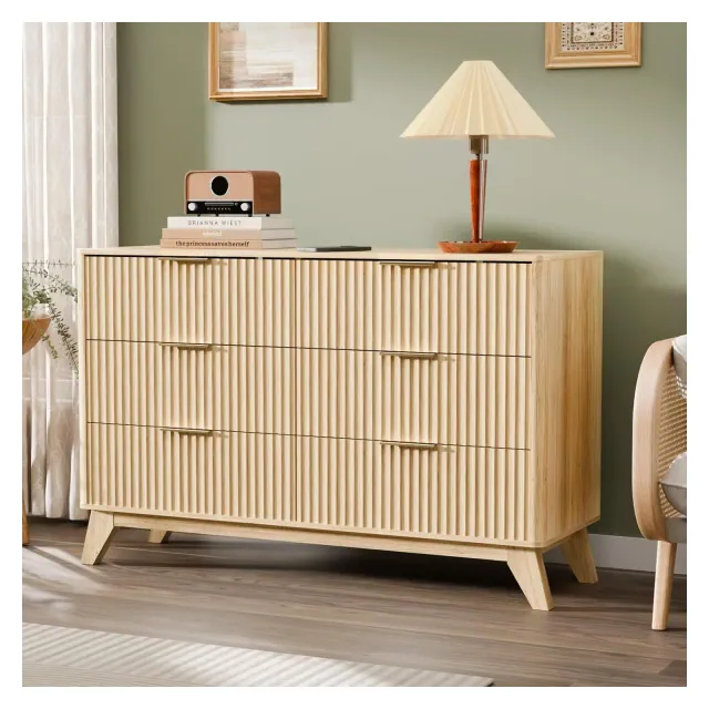VINGLI Fluted Dresser 6 Drawer, Wood Dresser for Bedroom with Rounded Edges