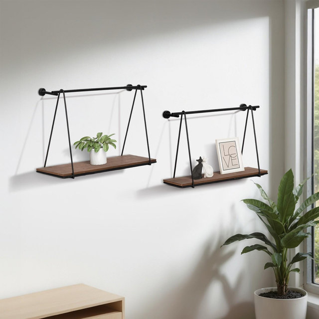 Sagebrook Home Set of 2 Wall Shelves - 12"/14" Brown and Black Wood and Metal Rustic Floating Swing Wall Shelves