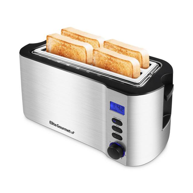 Elite Gourmet 4-Slice Long Slot Digital Countdown Toaster, 6 Toast Settings, Slide Out Crumb Tray, Extra Wide 1.5" Slots for Bagels