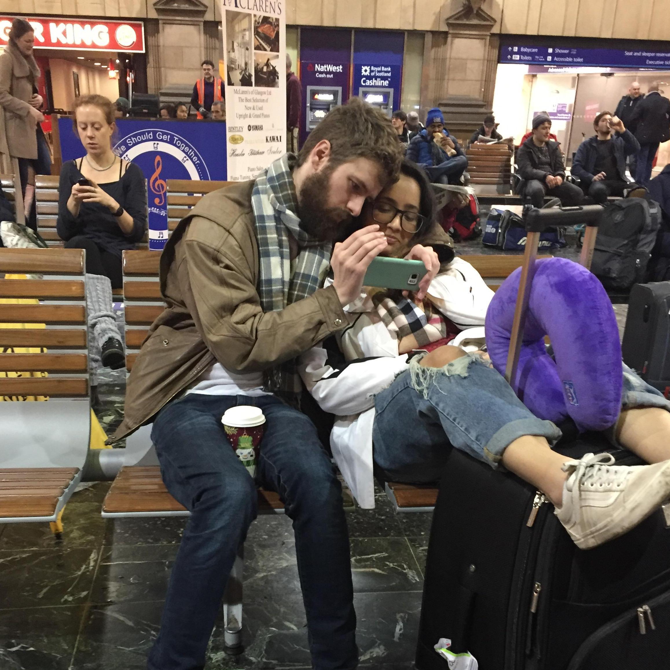 This is us watching The Office in a train station.