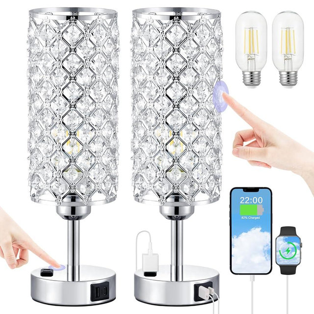Crystal Lamp Touch Control Set of 2, Sliver Crystal Table Lamps with USB C+A Ports & AC Outlet, 3-Way Dimmable Nightstand Touch Lamp, Modern Bedside Table Lamp for Bedroom(Bulbs Included)