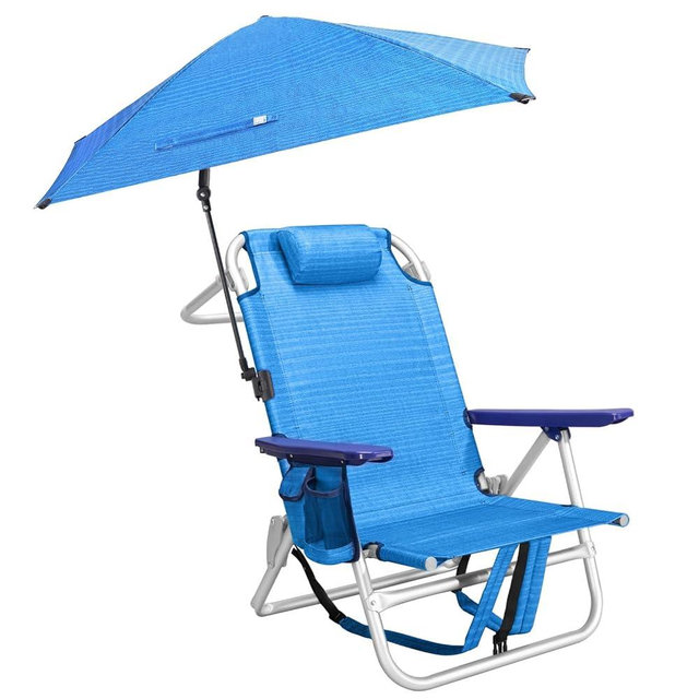 PRETZI Beach Chair, Backpack Chairs for Adults with Adjustable Umbrella, Folding Beach Chairs with Storage Pouch, Cup Holder & Towel Rack, Adjustable Lounge Chair for Seaside, Blue