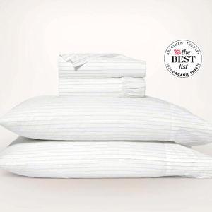 Percale Hemmed Sheet Set - White/Pewter Simple Stripe - Queen
