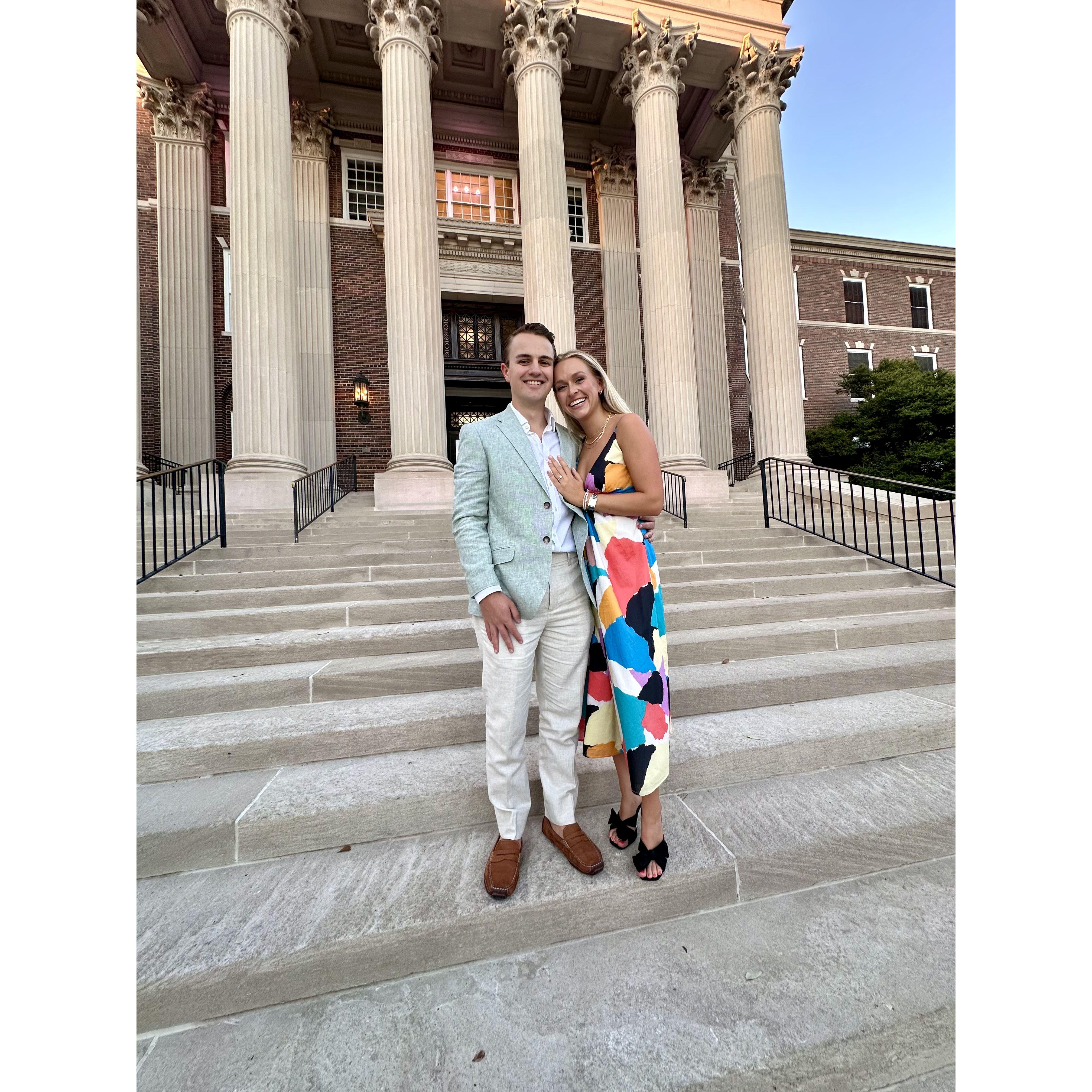 Back where it all began! Will proposed to Marnie on the steps of Dallas Hall at SMU.