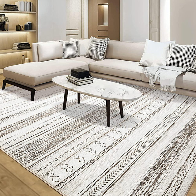 Area Rug Living Room Rugs - 8x10 Washable Large Soft Neutral Boho Moroccan Bohemian Farmhouse Rug Indoor Floor Carpet for Bedroom Under Dining Table Home Office Decor - Cream Brown