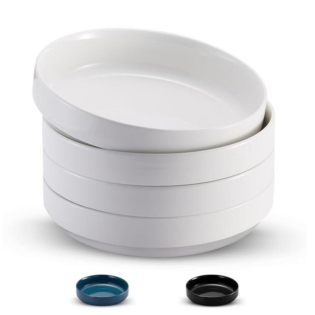 KooK Bowl Plates, Pasta Bowl, Low Bowl, Plate Bowls, Ceramic Large Shallow Bowls, Microwave and Dishwasher Safe, Great for Soups and Salads, Glossy Porcelain, 47 oz, Set of 4, White